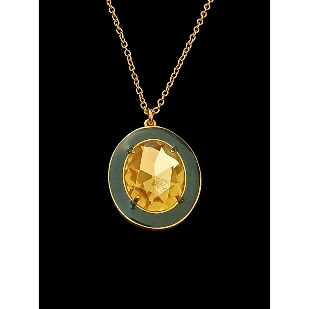 J.Crew Gold Tone Glass Faceted Rhinestone Green Enamel Oval Pendant Necklace 34"